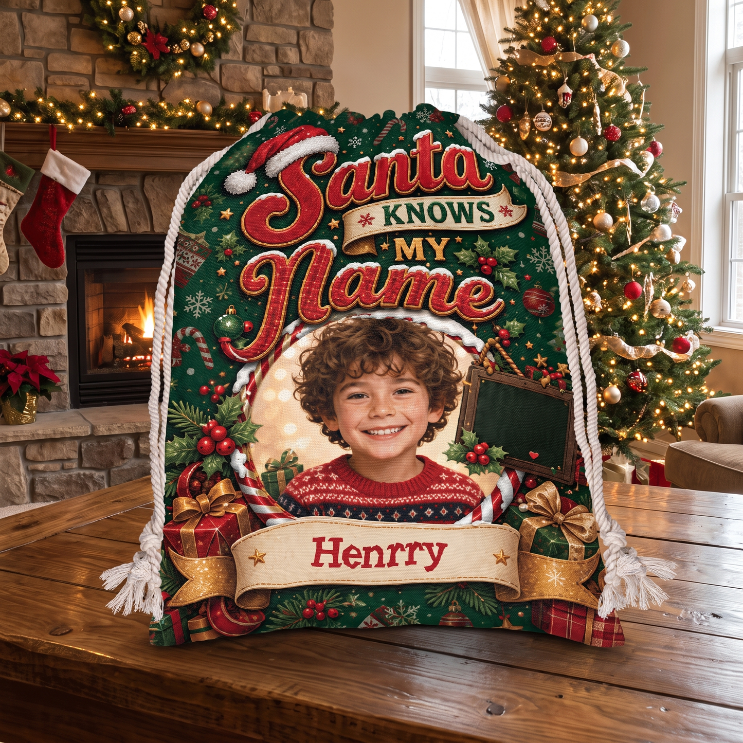 Personalized Santa Knows My Name Christmas Sack, Custom Name Santa Gift Bag