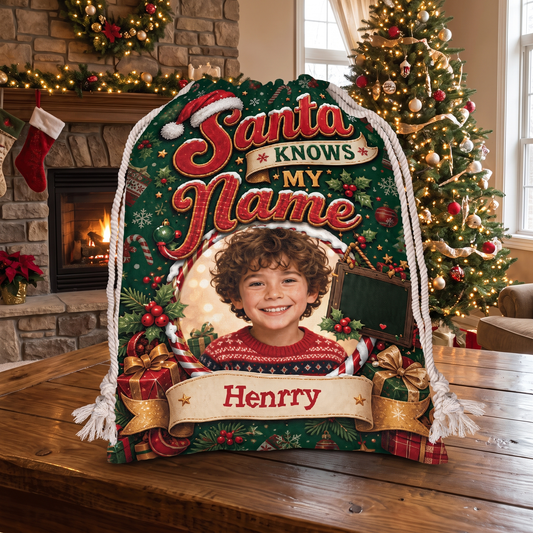 Personalized Santa Knows My Name Christmas Sack, Custom Name Santa Gift Bag