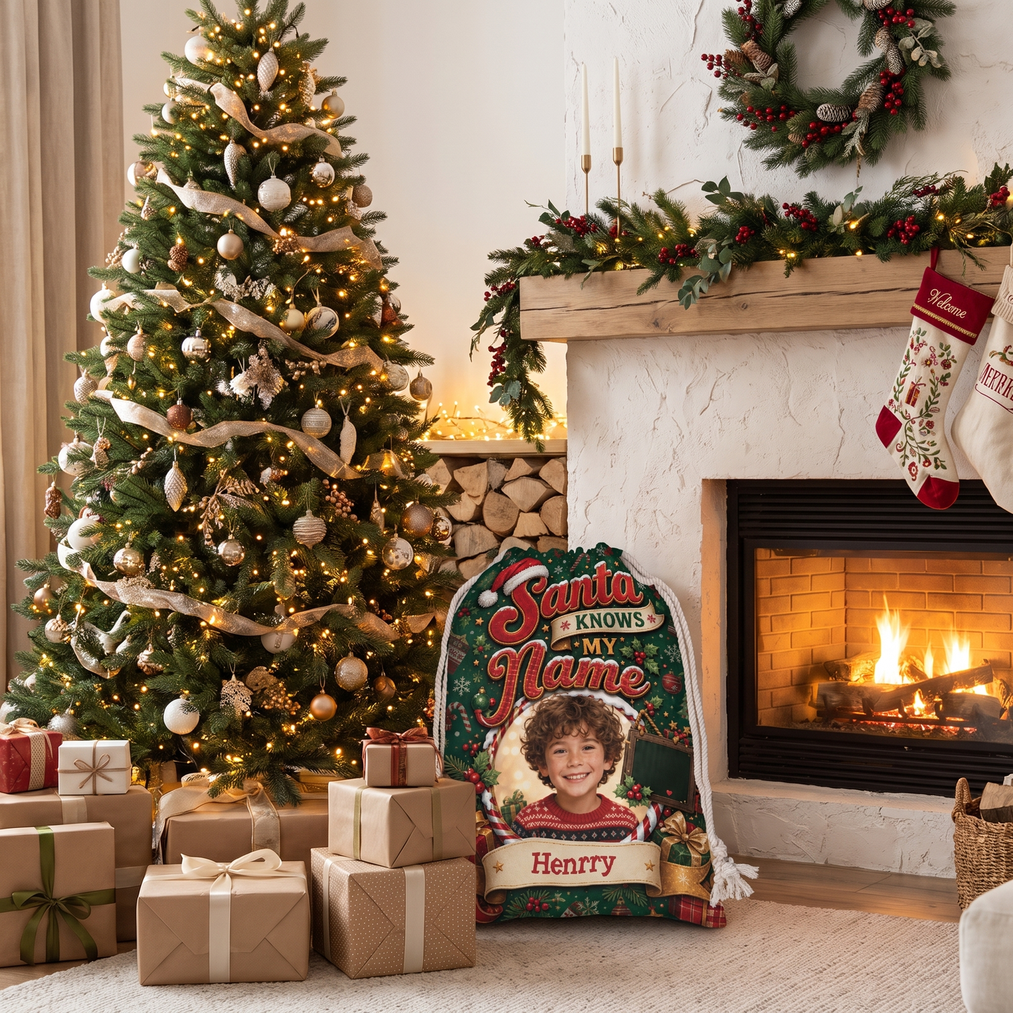 Personalized Santa Knows My Name Christmas Sack, Custom Name Santa Gift Bag