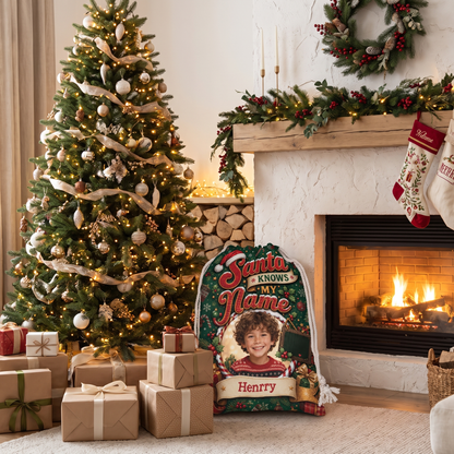 Personalized Santa Knows My Name Christmas Sack, Custom Name Santa Gift Bag