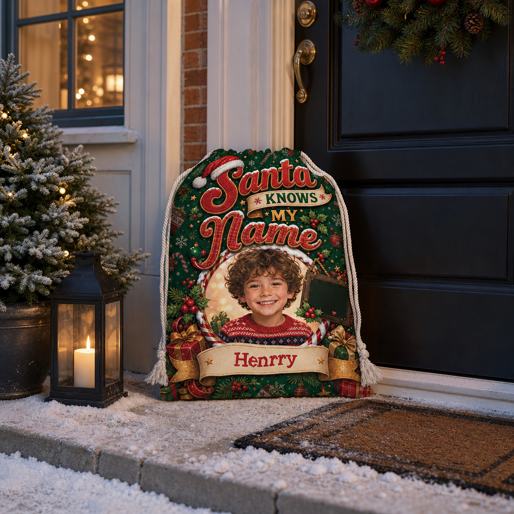 Personalized Santa Knows My Name Christmas Sack, Custom Name Santa Gift Bag
