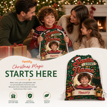 Personalized Santa Knows My Name Christmas Sack, Custom Name Santa Gift Bag
