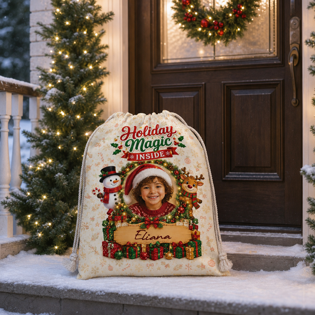 Personalized Holiday Magic Inside Christmas Sack, Custom Name Santa Gift Bag