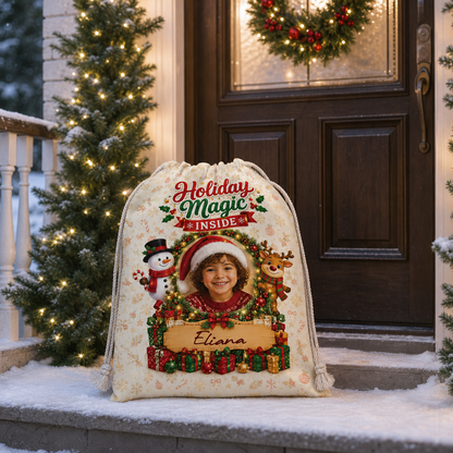 Personalized Holiday Magic Inside Christmas Sack, Custom Name Santa Gift Bag