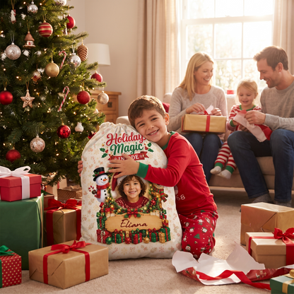 Personalized Holiday Magic Inside Christmas Sack, Custom Name Santa Gift Bag