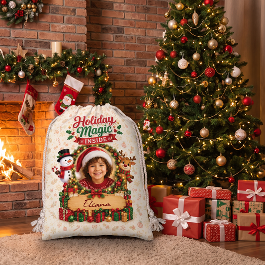 Personalized Holiday Magic Inside Christmas Sack, Custom Name Santa Gift Bag