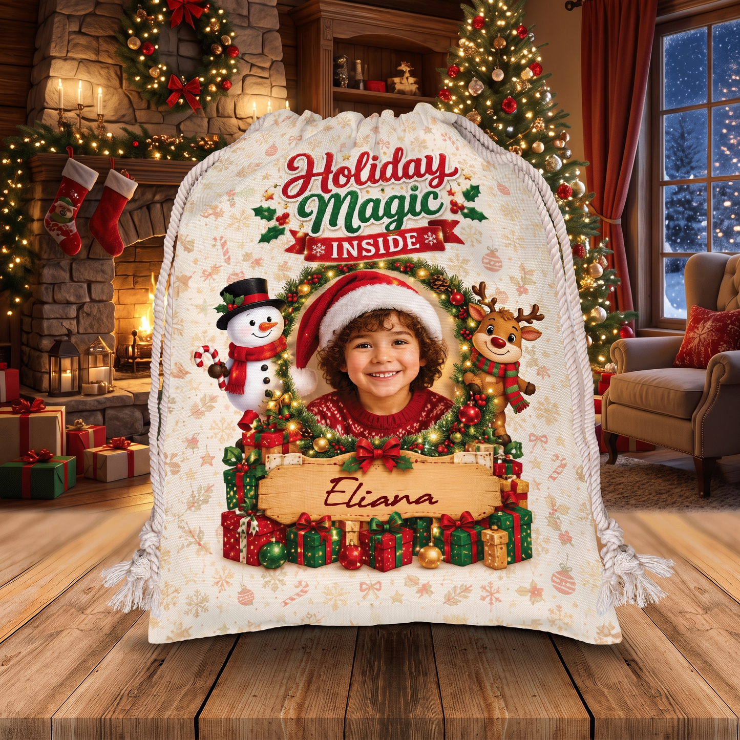 Personalized Holiday Magic Inside Christmas Sack, Custom Name Santa Gift Bag