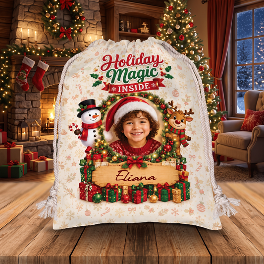 Personalized Holiday Magic Inside Christmas Sack, Custom Name Santa Gift Bag