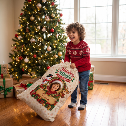 Personalized Holiday Magic Inside Christmas Sack, Custom Name Santa Gift Bag