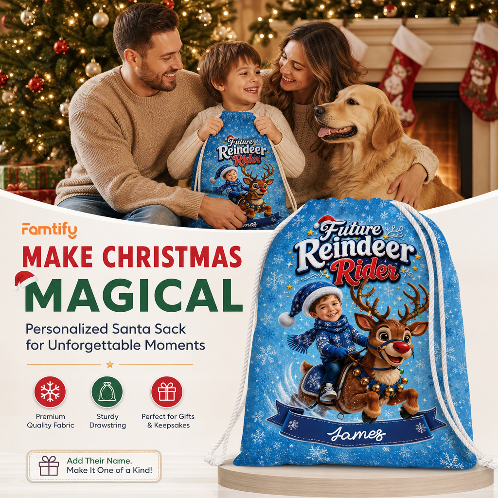 Personalized Future Reindeer Rider Christmas Sack, Custom Name Santa Gift Bag
