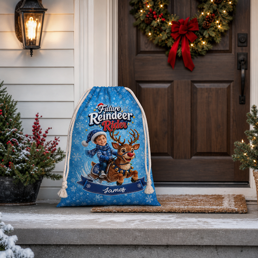 Personalized Future Reindeer Rider Christmas Sack, Custom Name Santa Gift Bag