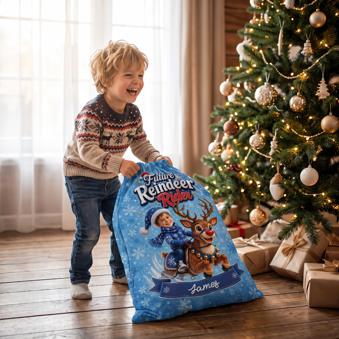 Personalized Future Reindeer Rider Christmas Sack, Custom Name Santa Gift Bag