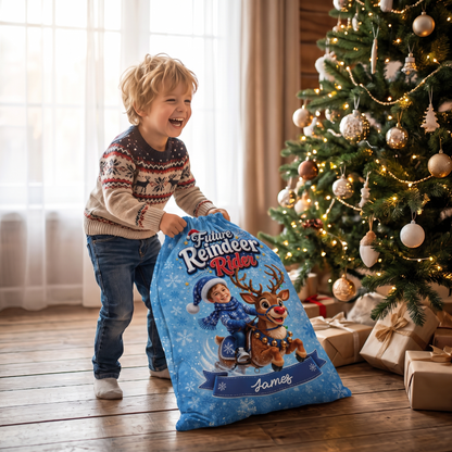 Personalized Future Reindeer Rider Christmas Sack, Custom Name Santa Gift Bag