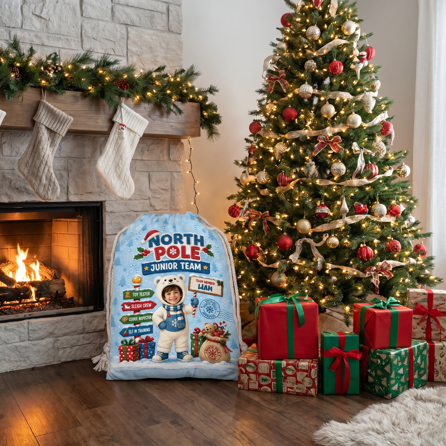 Personalized North Pole Junior Team Christmas Sack, Custom Name Santa Gift Bag