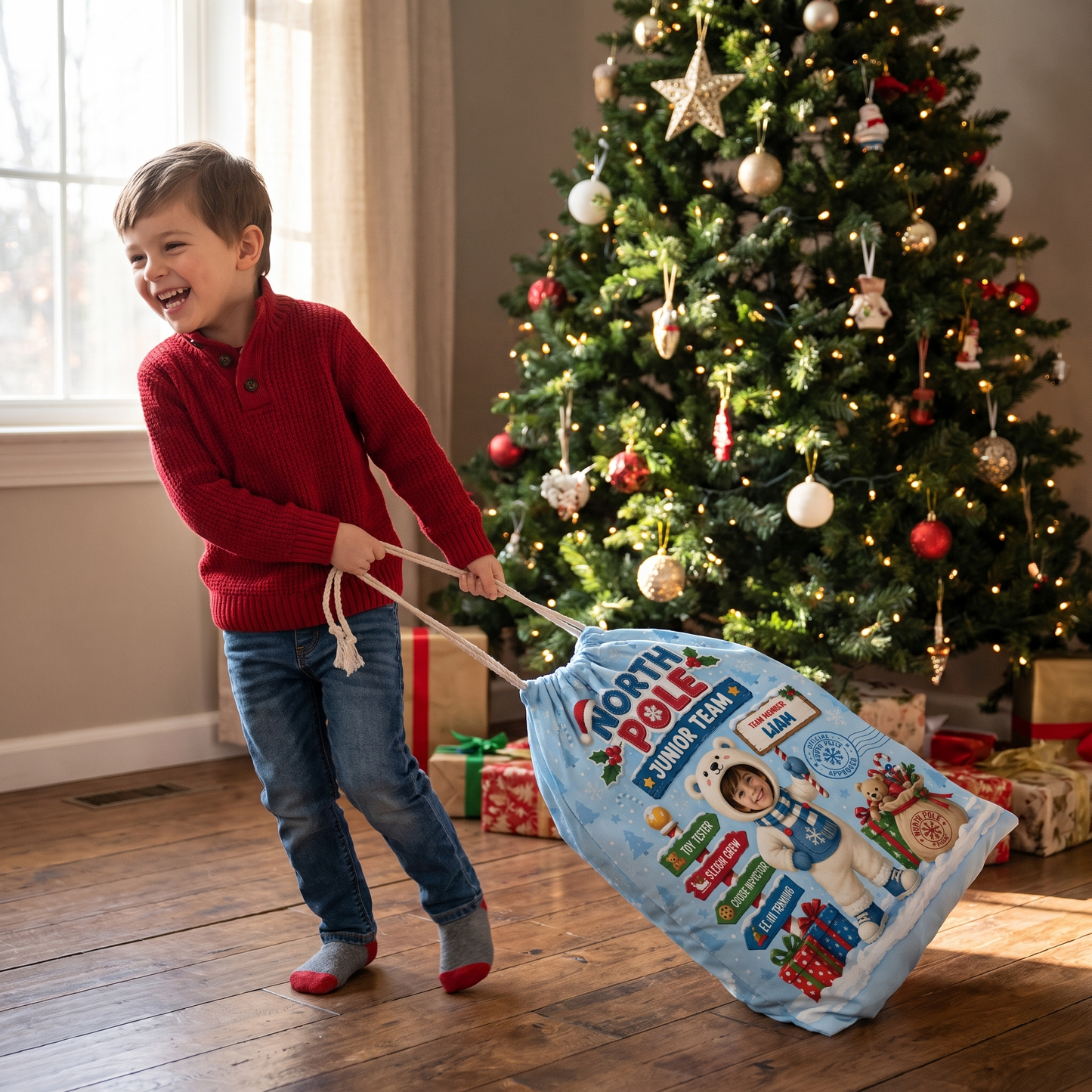 Personalized North Pole Junior Team Christmas Sack, Custom Name Santa Gift Bag