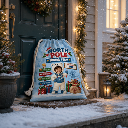 Personalized North Pole Junior Team Christmas Sack, Custom Name Santa Gift Bag