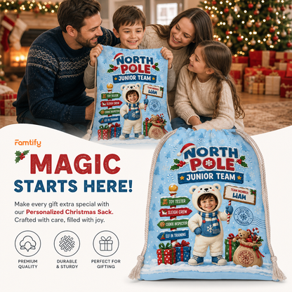 Personalized North Pole Junior Team Christmas Sack, Custom Name Santa Gift Bag