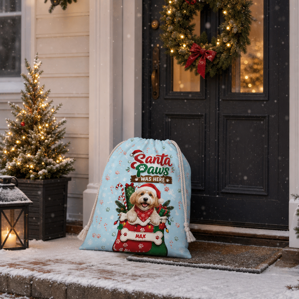 Personalized Santa Paws Was Here Christmas Sack, Custom Pet Name Santa Gift Bag