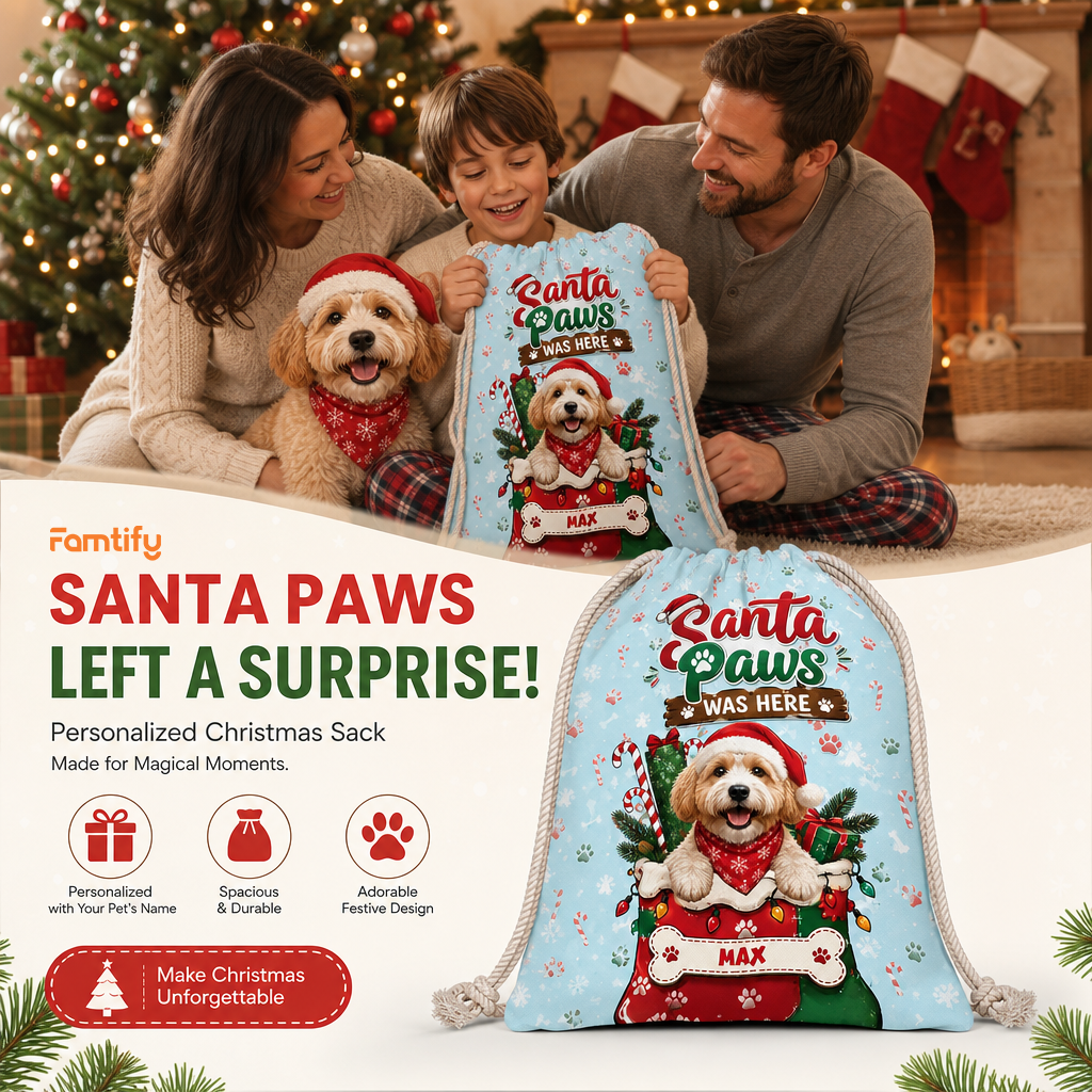 Personalized Santa Paws Was Here Christmas Sack, Custom Pet Name Santa Gift Bag
