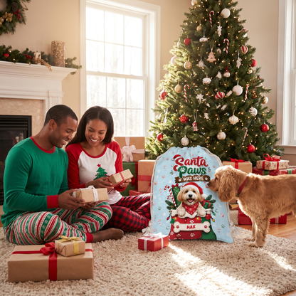 Personalized Santa Paws Was Here Christmas Sack, Custom Pet Name Santa Gift Bag