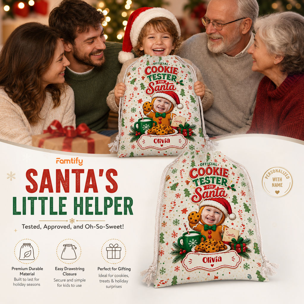 Personalized Official Cookie Taster for Santa Christmas Sack, Custom Name Santa Gift Bag