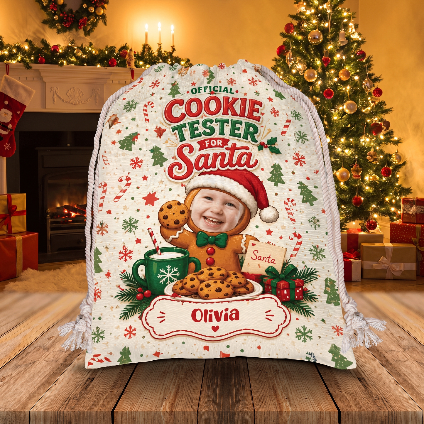Personalized Official Cookie Taster for Santa Christmas Sack, Custom Name Santa Gift Bag