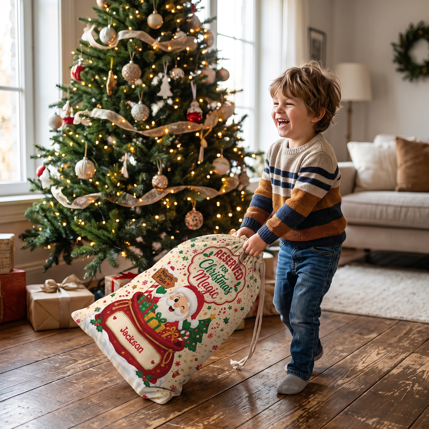 Personalized Reserved for Christmas Magic Christmas Sack, Custom Name Santa Gift Bag