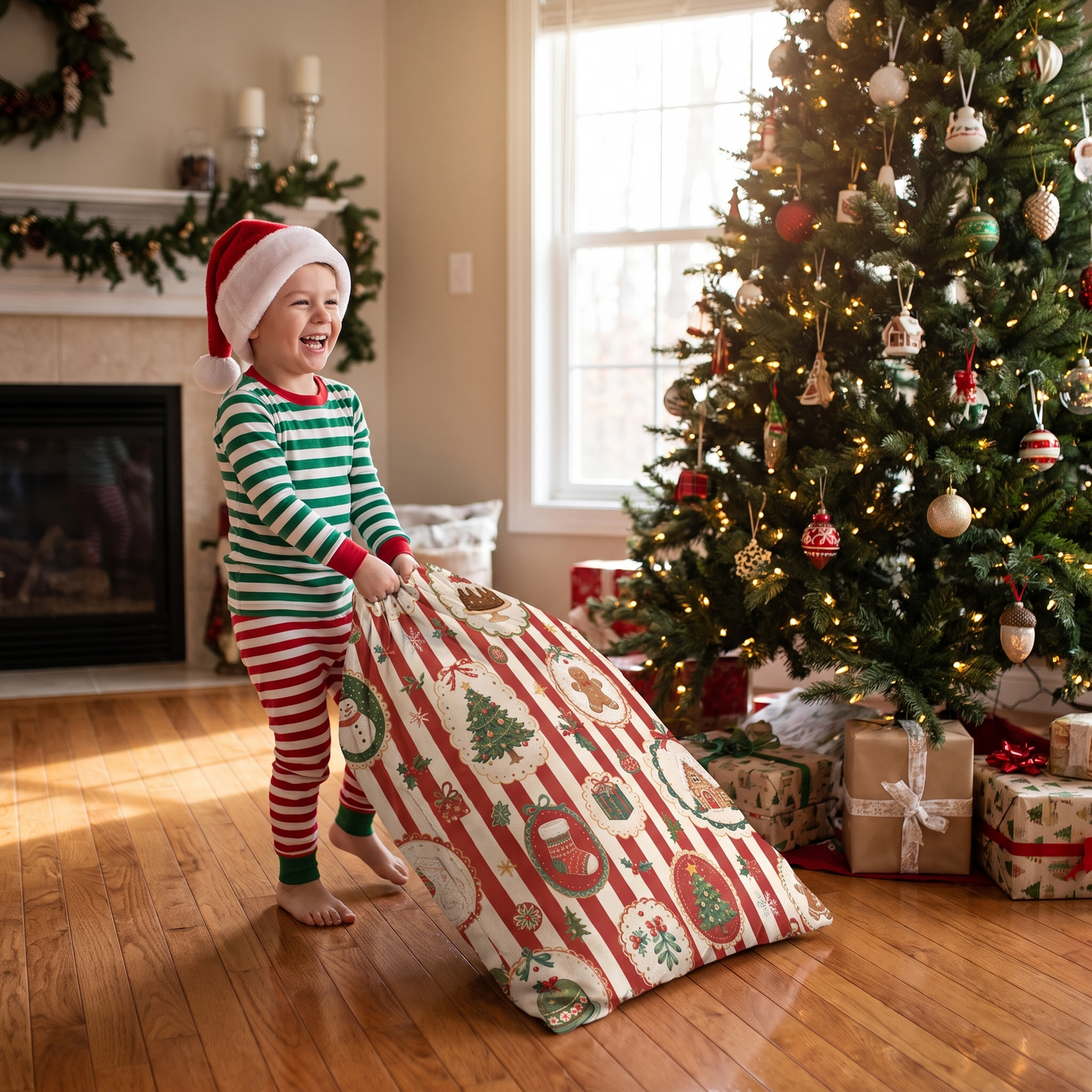 Classic Red & White Striped Christmas Sack | Reusable Holiday Gift Bag