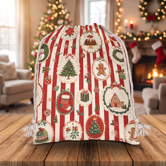 Classic Red & White Striped Christmas Sack | Reusable Holiday Gift Bag