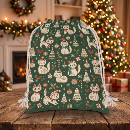 Vintage Christmas Cats Pattern Christmas Sack | Reusable Holiday Gift Bag