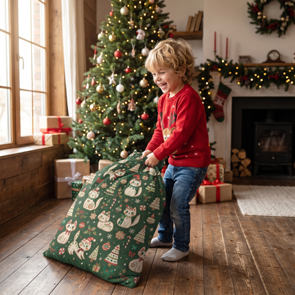 Vintage Christmas Cats Pattern Christmas Sack | Reusable Holiday Gift Bag