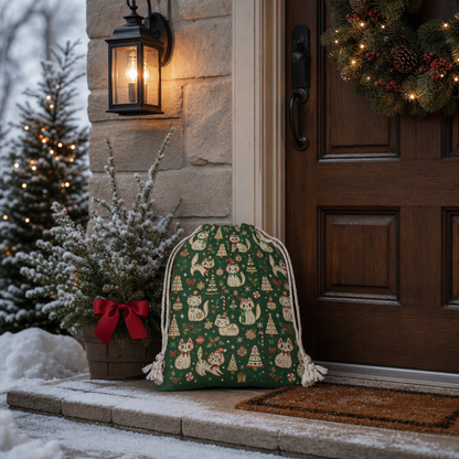 Vintage Christmas Cats Pattern Christmas Sack | Reusable Holiday Gift Bag