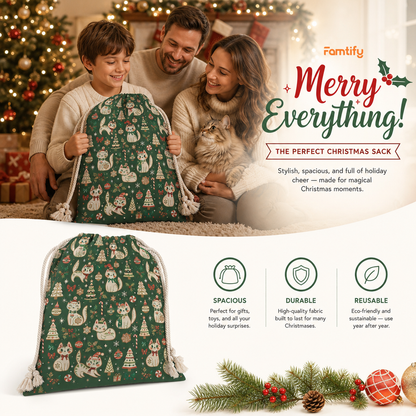 Vintage Christmas Cats Pattern Christmas Sack | Reusable Holiday Gift Bag