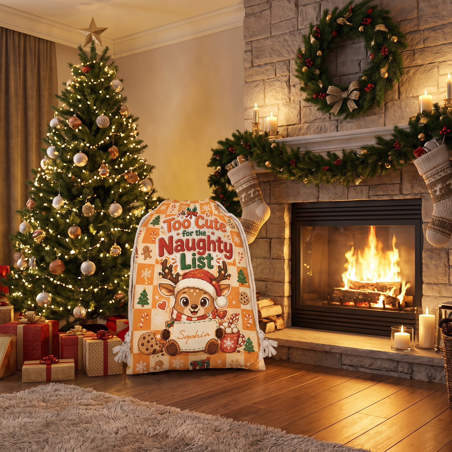Personalized Too Cute for the Naughty List Christmas Sack with Custom Name