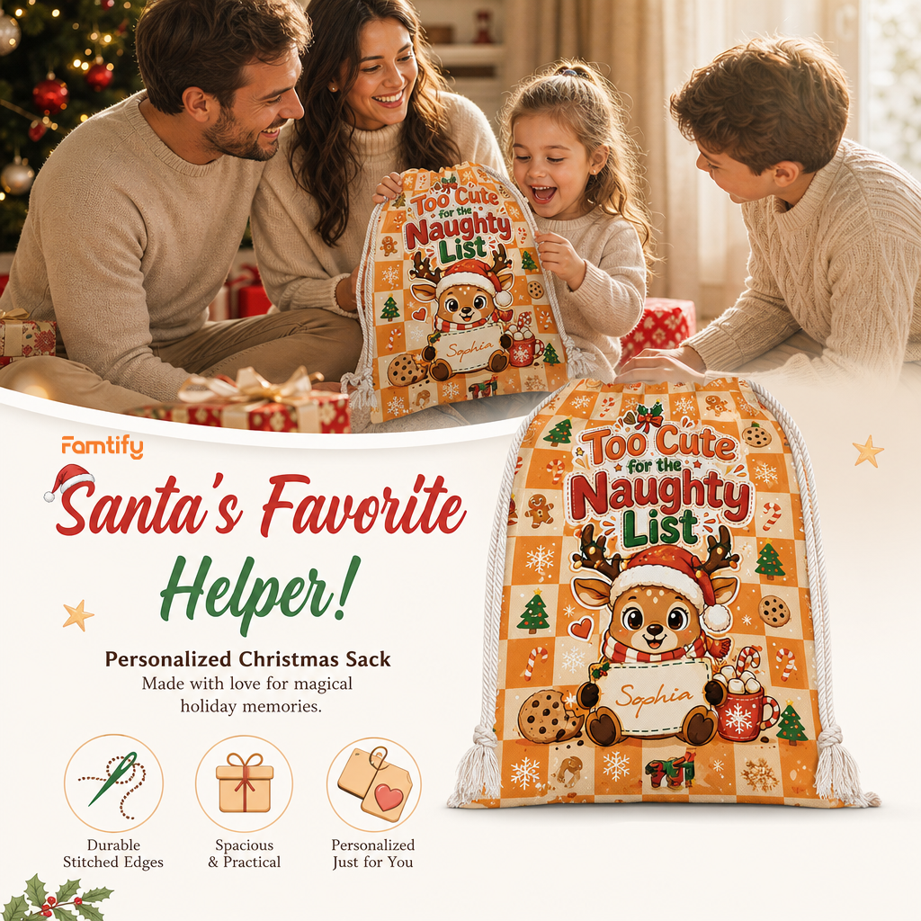 Personalized Too Cute for the Naughty List Christmas Sack with Custom Name