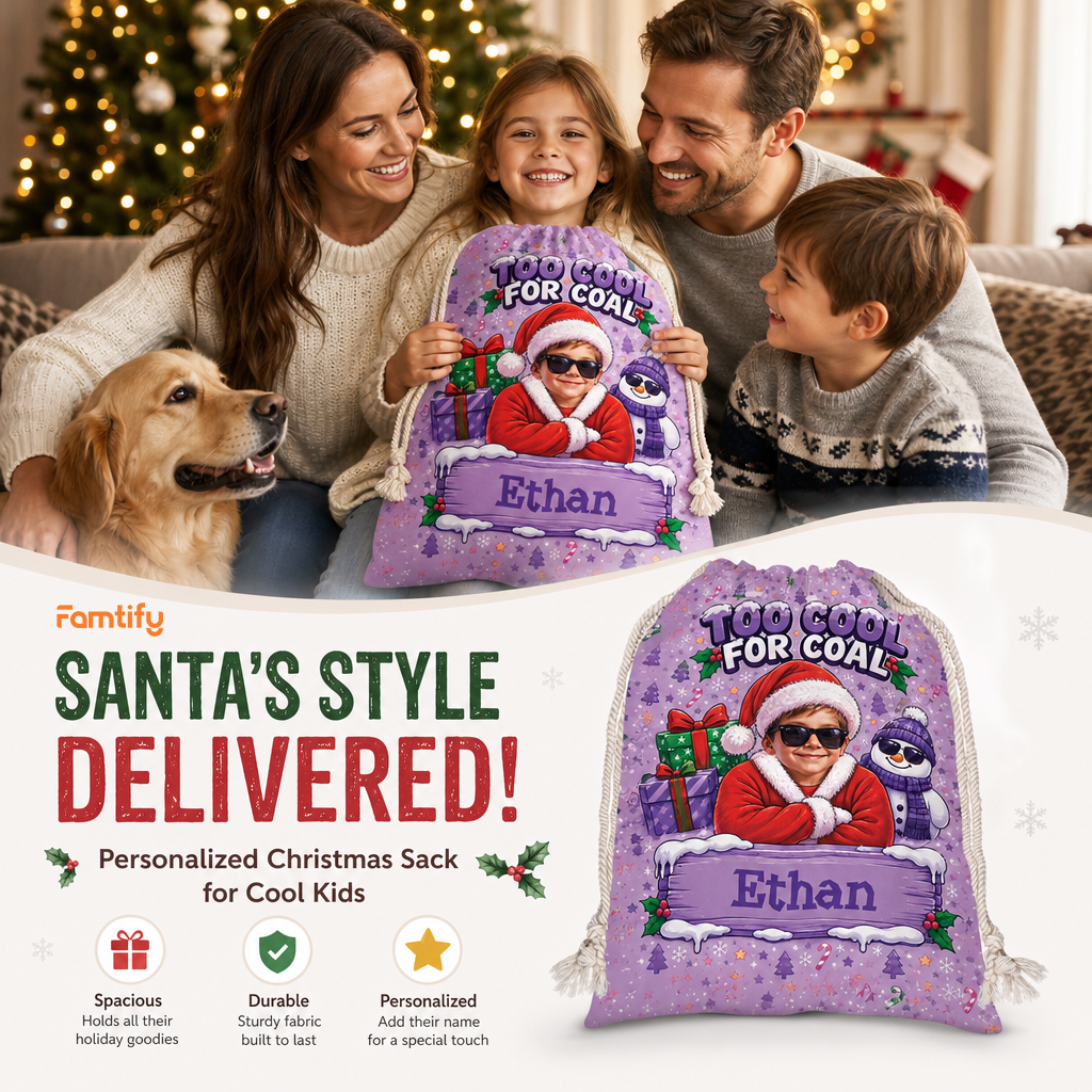 Personalized Too Cool for Coal Christmas Sack, Custom Name Funny Santa Gift Bag