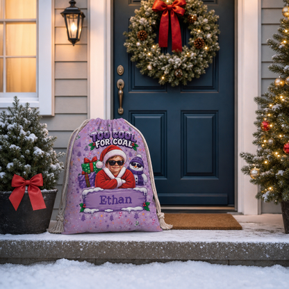 Personalized Too Cool for Coal Christmas Sack, Custom Name Funny Santa Gift Bag