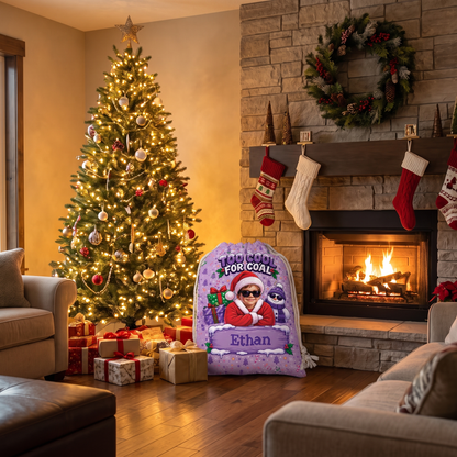 Personalized Too Cool for Coal Christmas Sack, Custom Name Funny Santa Gift Bag