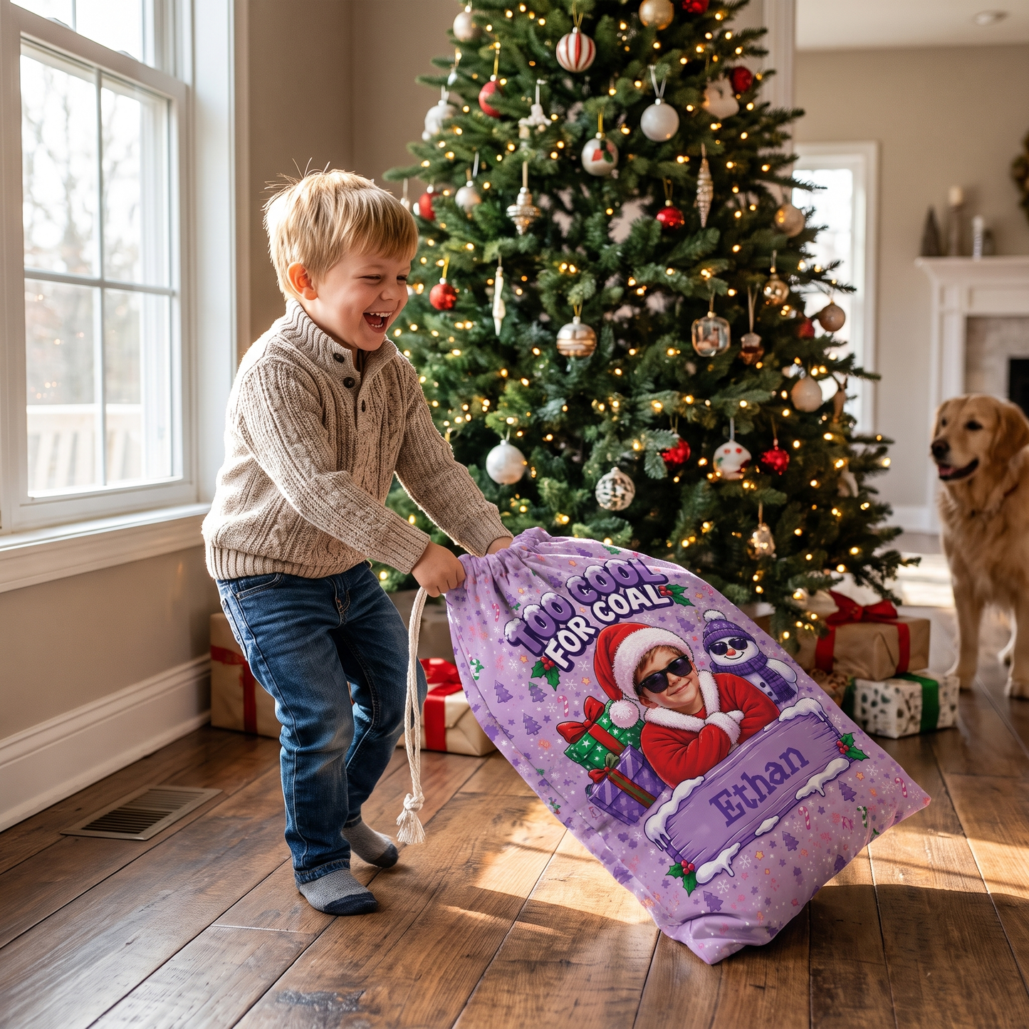 Personalized Too Cool for Coal Christmas Sack, Custom Name Funny Santa Gift Bag