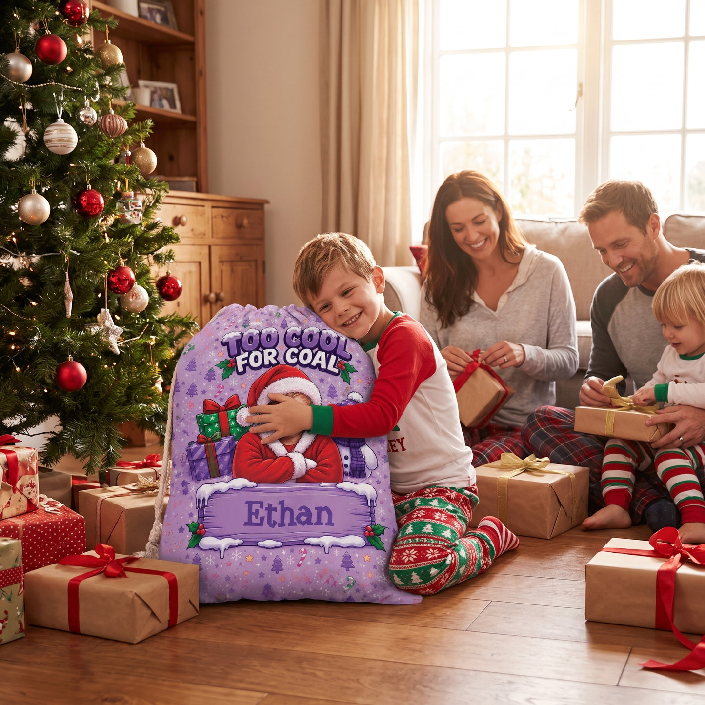 Personalized Too Cool for Coal Christmas Sack, Custom Name Funny Santa Gift Bag