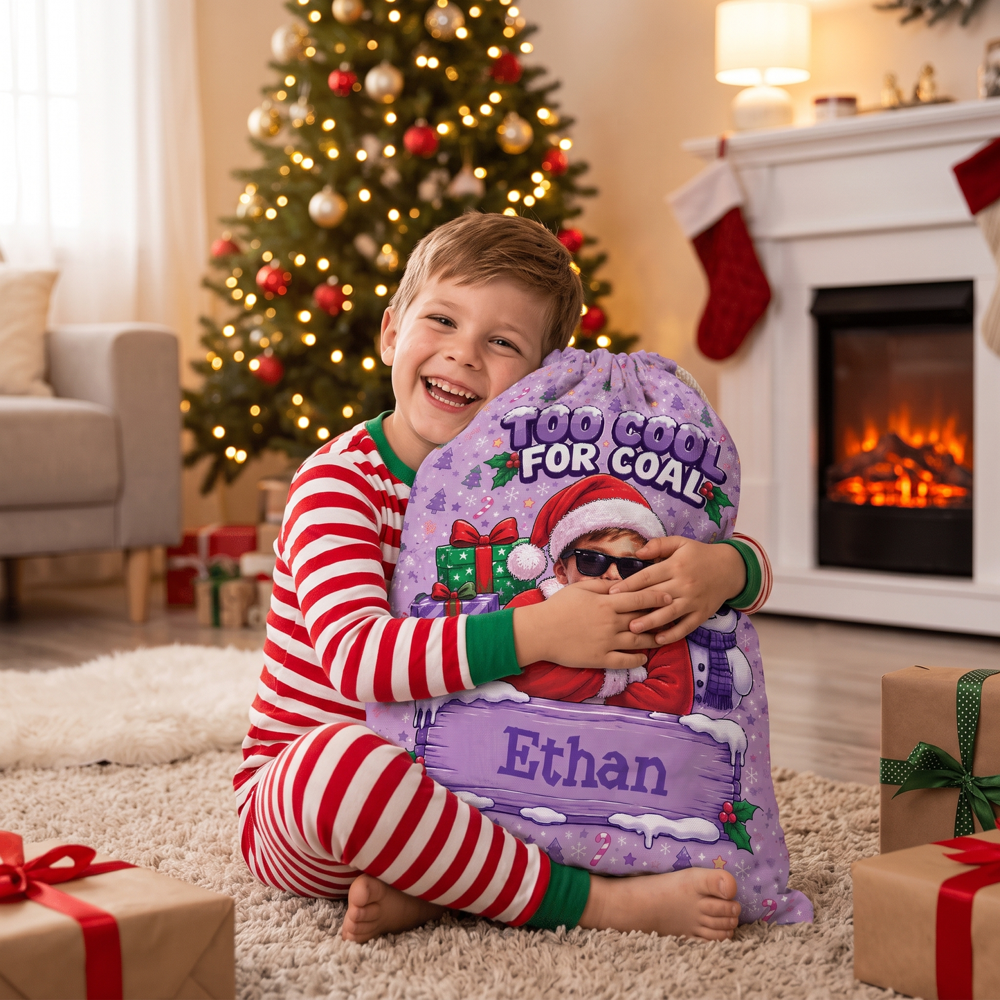 Personalized Too Cool for Coal Christmas Sack, Custom Name Funny Santa Gift Bag