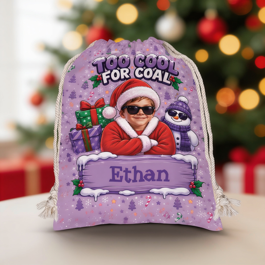 Personalized Too Cool for Coal Christmas Sack, Custom Name Funny Santa Gift Bag