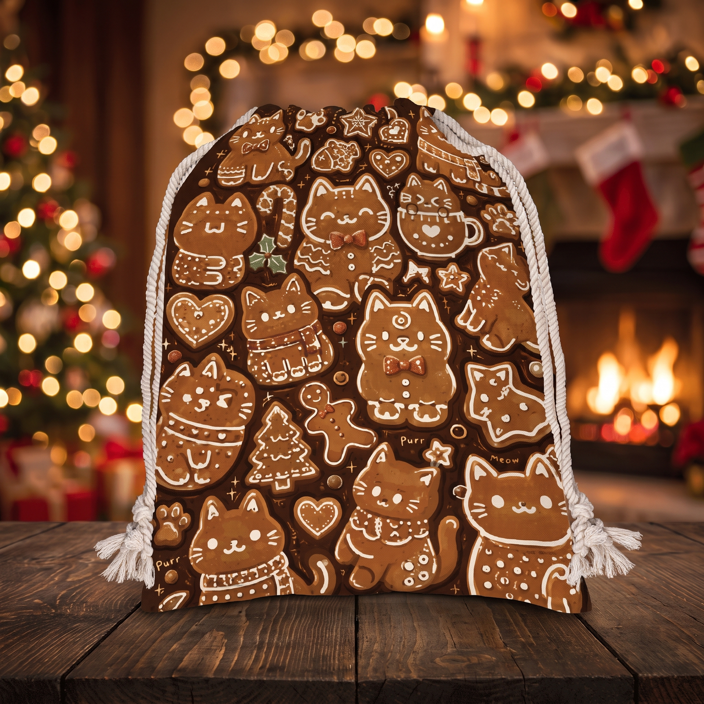 Gingerbread Christmas Cats Pattern Christmas Sack