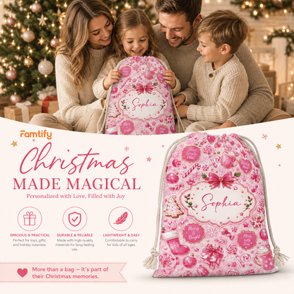 Personalized Pink Christmas Sweet Treats Christmas Sack with Custom Name