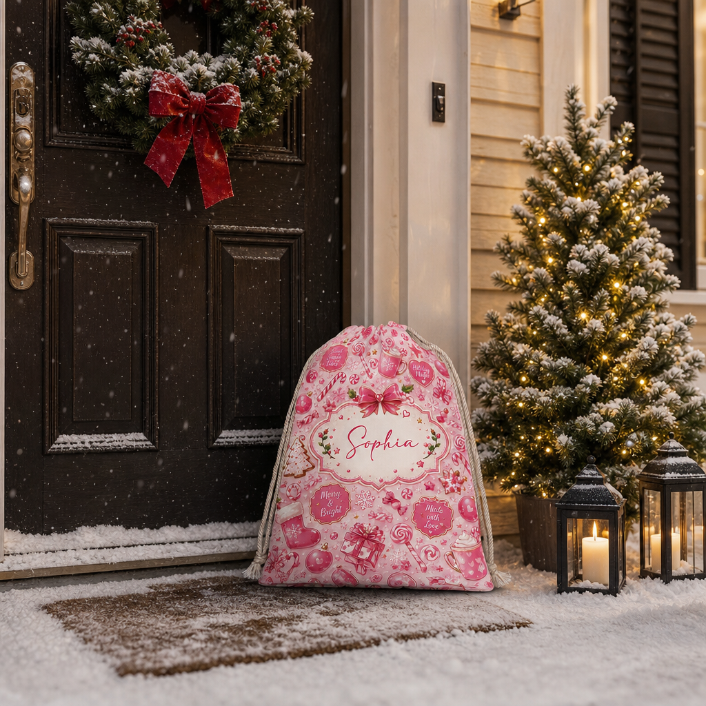 Personalized Pink Christmas Sweet Treats Christmas Sack with Custom Name