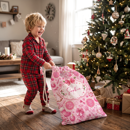 Personalized Pink Christmas Sweet Treats Christmas Sack with Custom Name