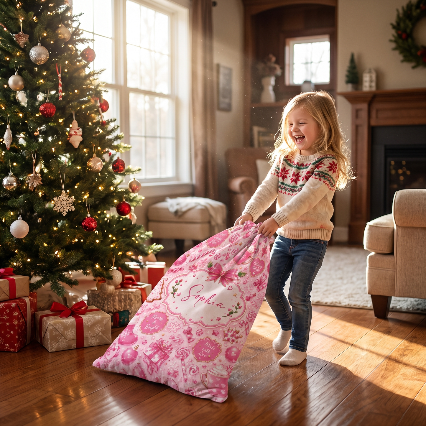 Personalized Pink Christmas Sweet Treats Christmas Sack with Custom Name