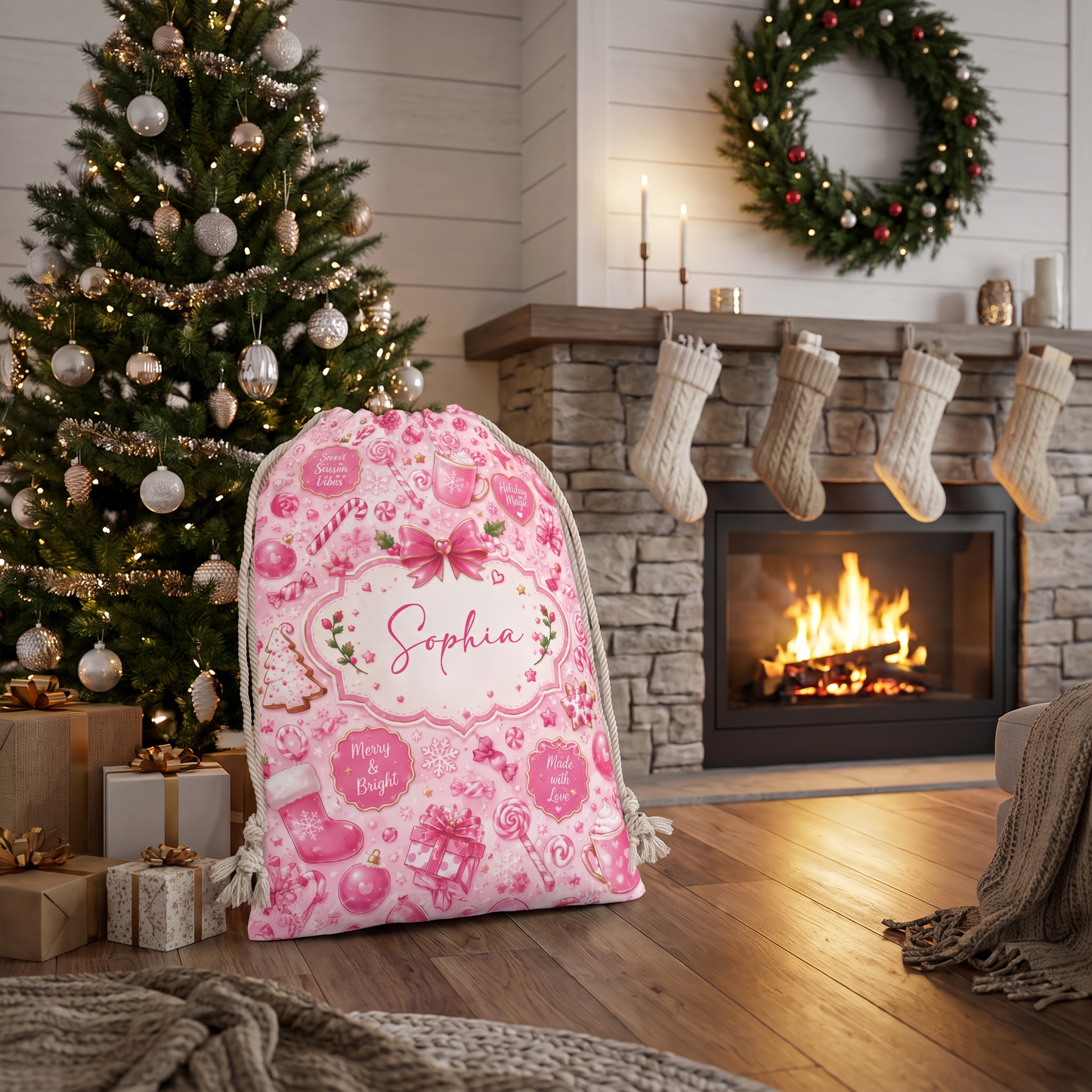 Personalized Pink Christmas Sweet Treats Christmas Sack with Custom Name