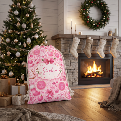 Personalized Pink Christmas Sweet Treats Christmas Sack with Custom Name