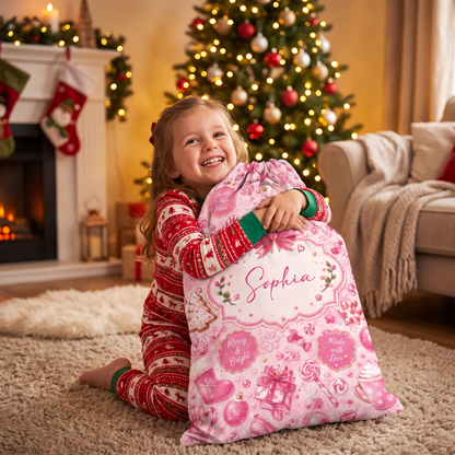 Personalized Pink Christmas Sweet Treats Christmas Sack with Custom Name